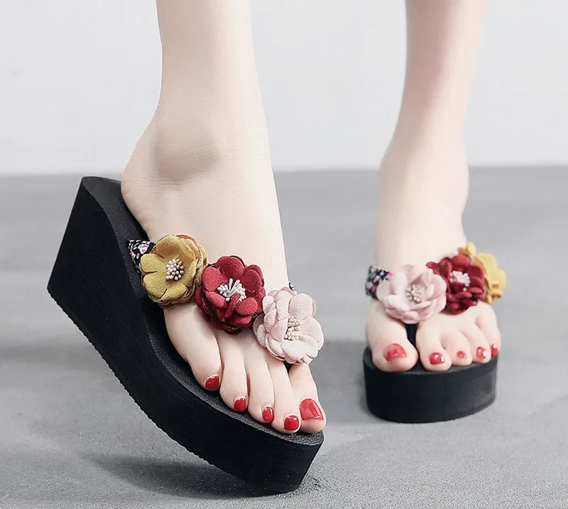 

Summer Women Fashion Bohemian Flip Flop Beading Platform Wedges Beach Slippers Shoes Non-Slip Shoe High Heels Slides