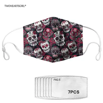 

PM2.5 Floral Sugar Skull Print Women Men Anti-dust Masks with 7Pcs Activated Carbon Filter Reusable Face Mask Mouth Mask