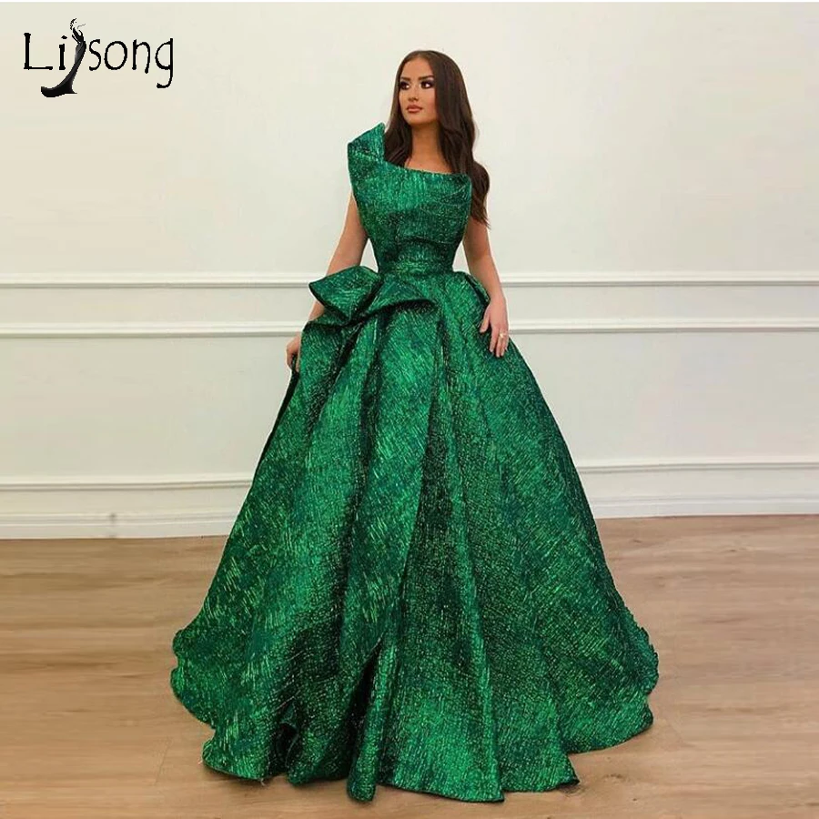 

Bling Bling Emerald Green Evening Dresses Puffy A-line Long Prom Gowns Riffles Ruched Formal Party Dress Robe De Soiree