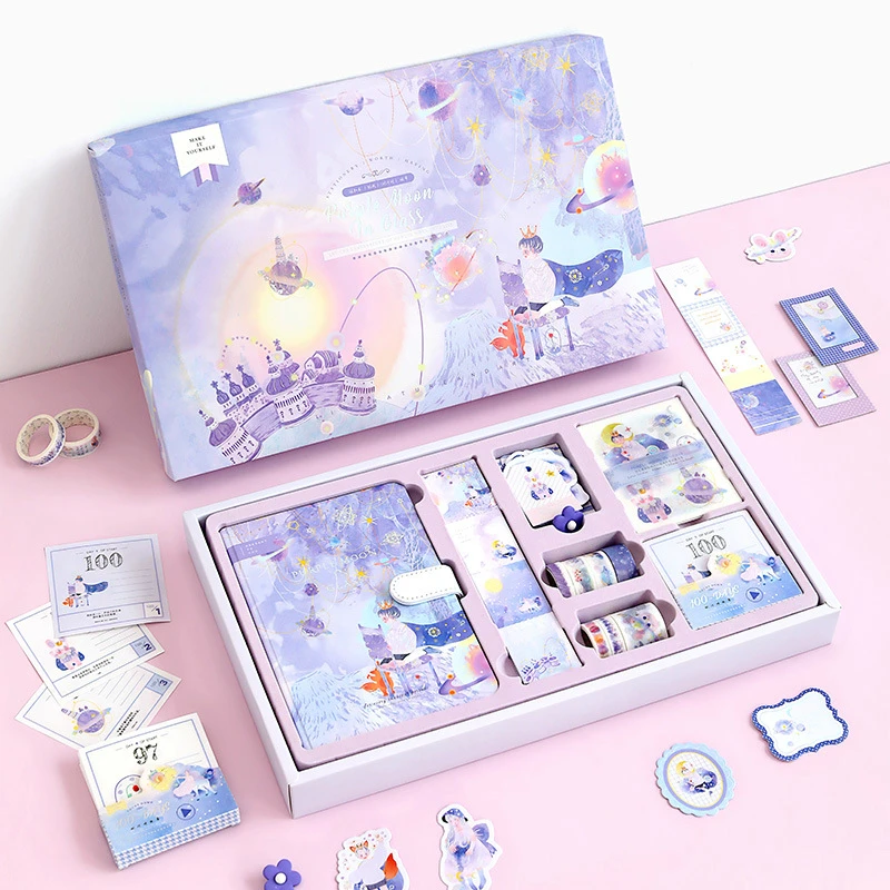 Fairy Tale Notebook with Stickers Tape Hand Book Set Gift Box Pink Purple Girl Diary Student School Stationery Christmas Present