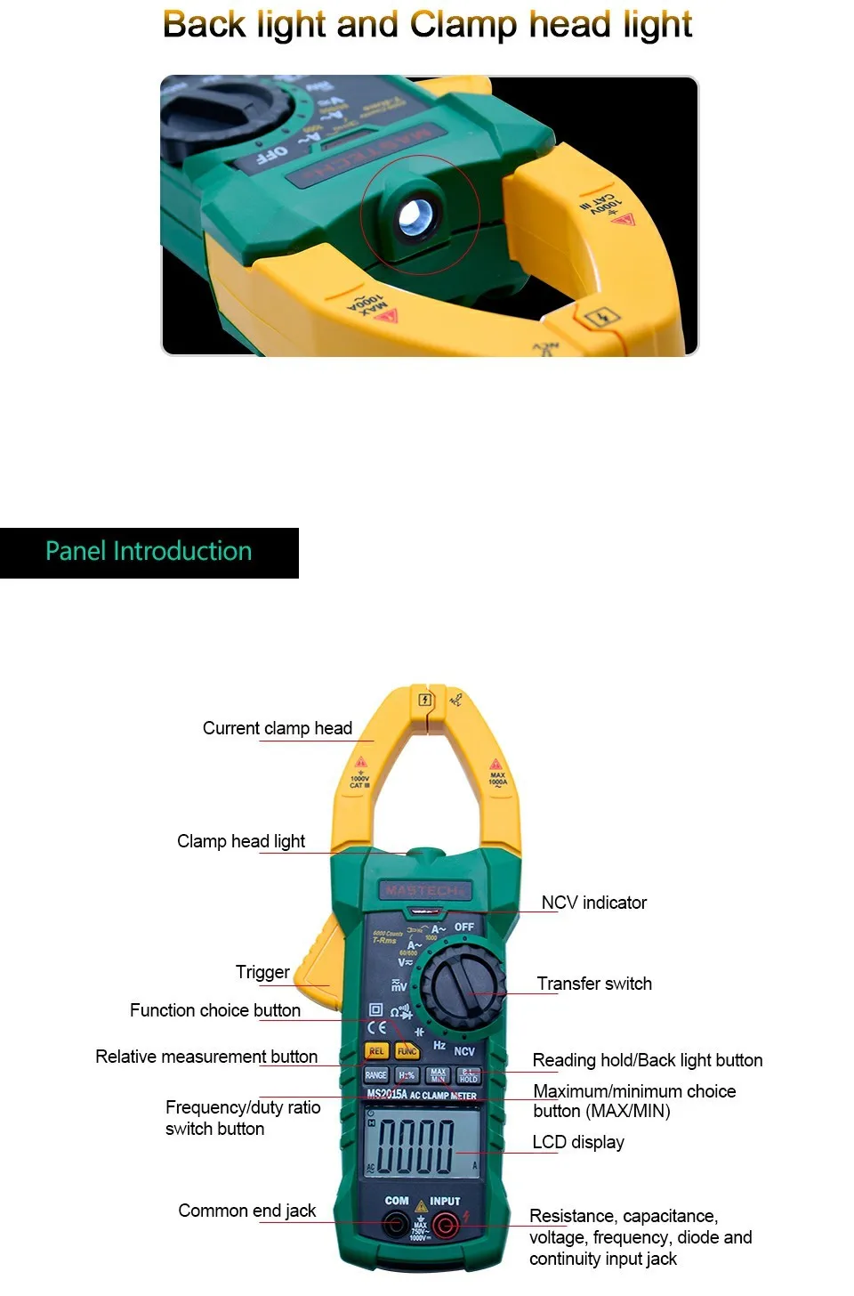 MASTECH MS2015A 1000A токовые клещи переменного тока, измеритель напряжения постоянного и переменного тока, истинный среднеквадратичный цифровой мультиметр, измеритель частоты и емкости, NCV