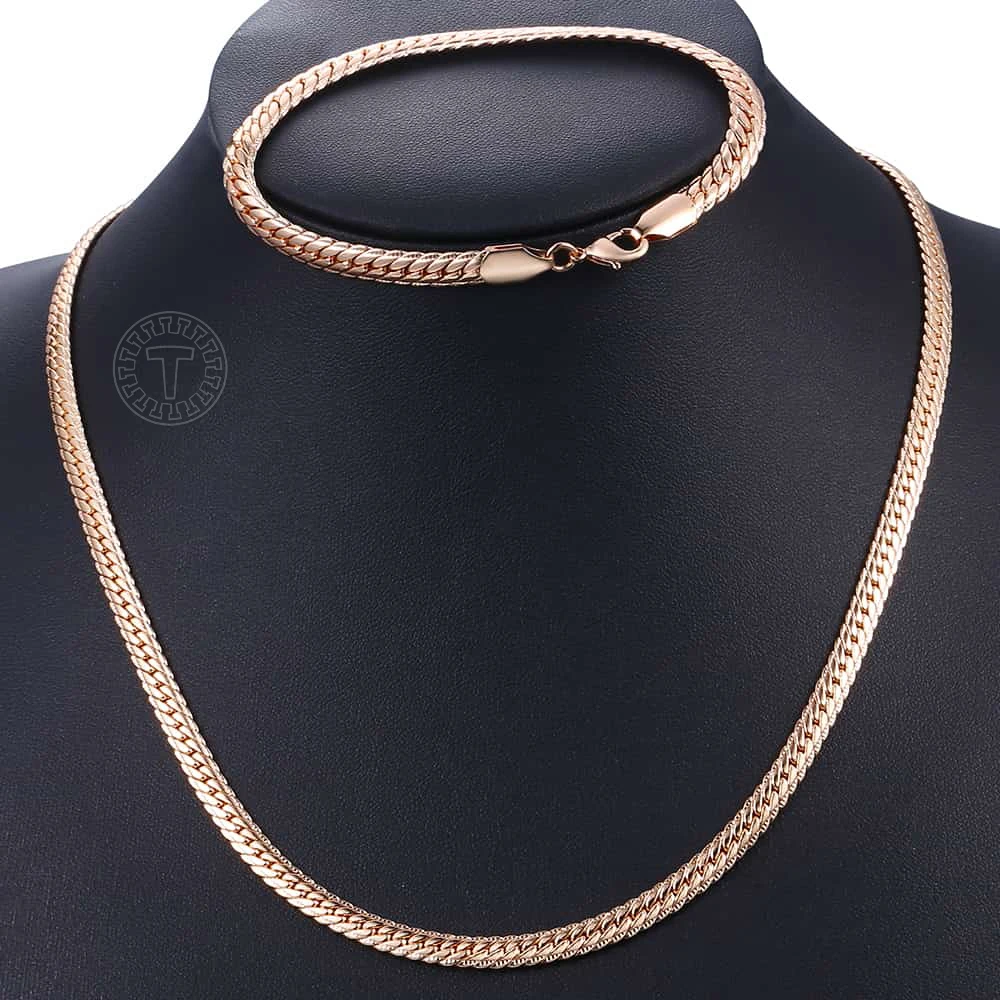 Davieslee 585 różowe złoto kolor komplet biżuterii damskiej pleciony ber Link Chain naszyjnik zestaw bransoletek biżuteria hurtowych prezent CSS1