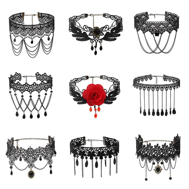 KMVEXO Чокеры в готическом стиле, черные цветы из бисера, Сексуальное Кружевное колье на шею, винтажная цепочка с кисточками для женщин, стимпанк, ювелирные изделия на Хэллоуин