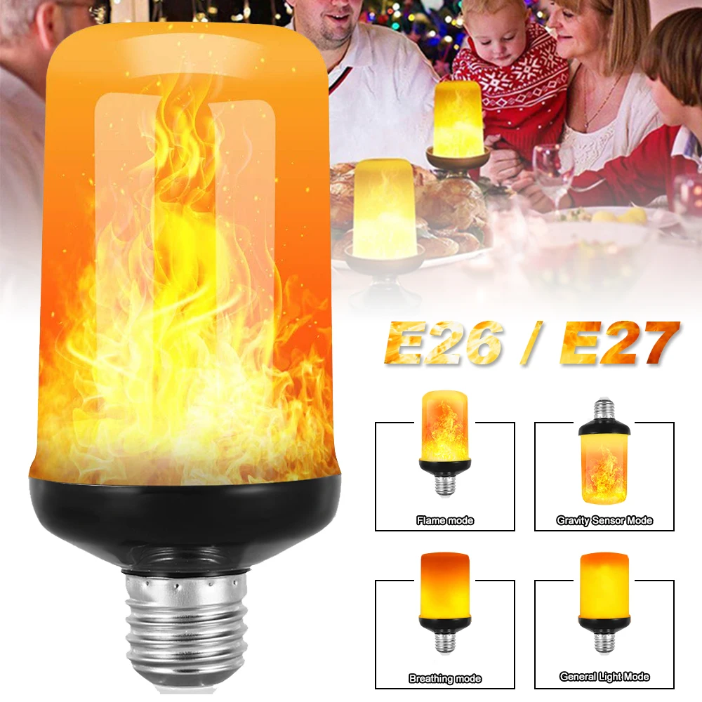 

E27 E26 LED Flame Lamp 4 Modes 99 LED Dynamic Flame Effect Fire Light Bulbs Creative Flickering Emulation LED Corn Bulb 85-265V