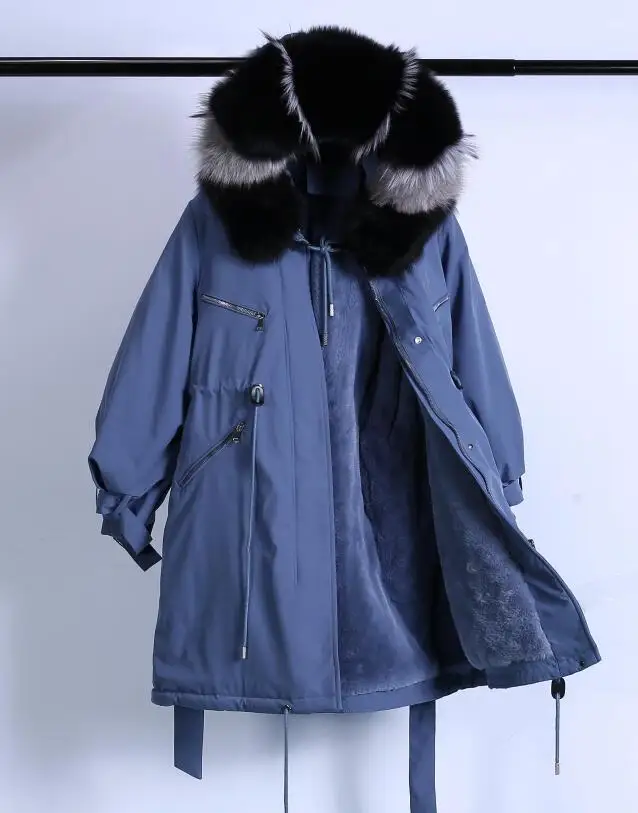 blue Real Fox fur Зимняя куртка, пальто для женщин, брендовые парки,, большой воротник из натурального меха енота, с капюшоном, Длинная женская стеганая зимняя верхняя одежда - Цвет: blue Real Fox fur