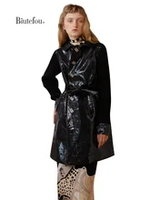 

2022 Winter Women Original Design Long Burst Texture Gloss Leather Coat
