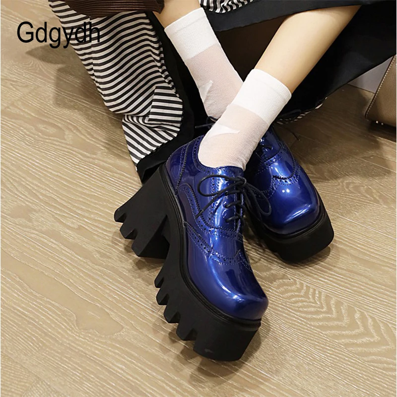 Gdgydh Spring Summer British Walker Shoes Women Patent Leather Platform Shoes High Platform Chunky Heel Pumps Big Size Wholesale