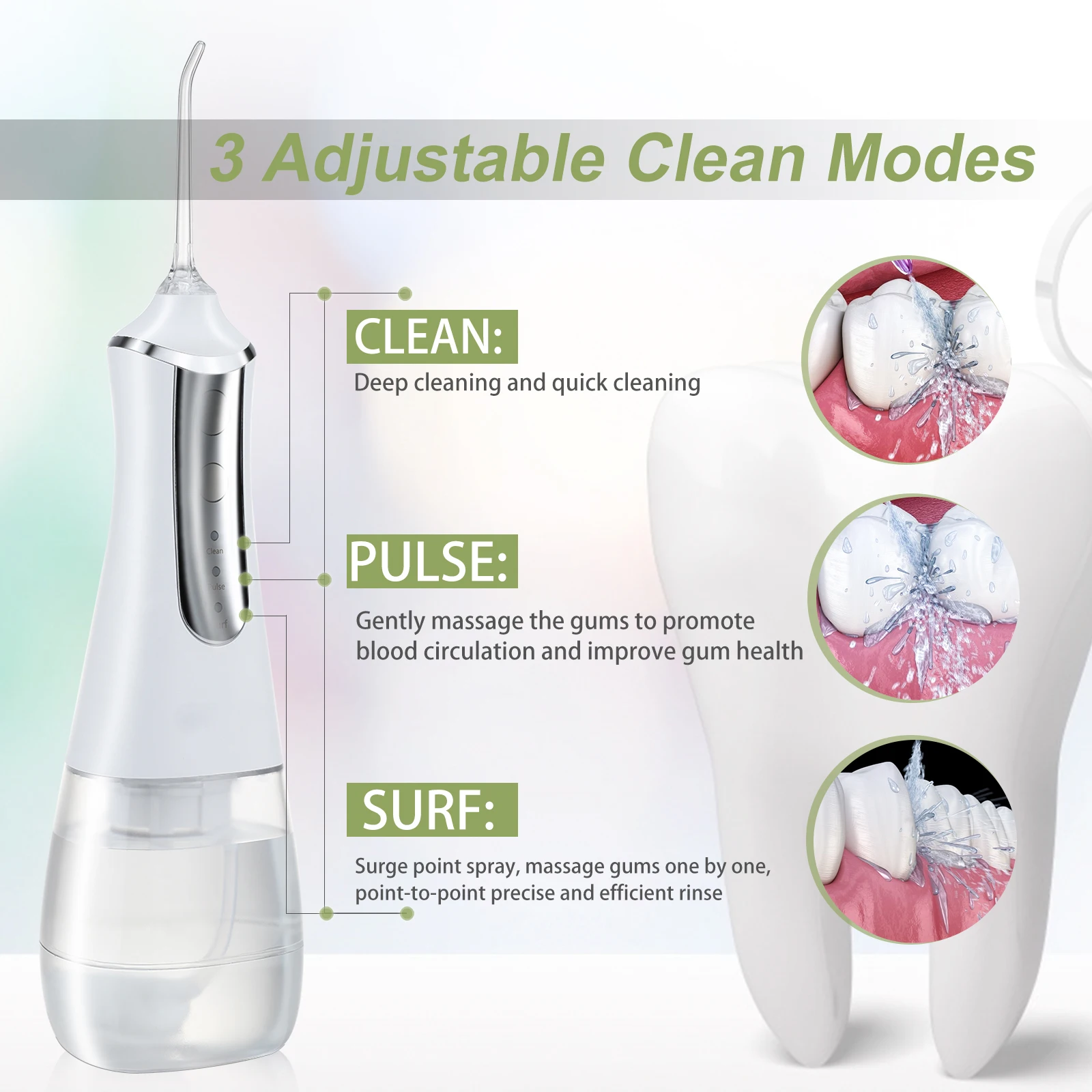 Portable Oral Irrigator Water Flosser USB Rechargeable Cordless 350 ML IPX6 Waterproof 3 Modes 5 Water Jet Tips Tooth Pick