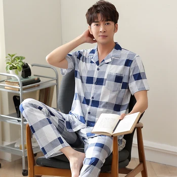 

Men's sleepwear summer SHORT sleeve T-shirt and pant for home wear soft cotton sport 2 pcs pajama set suit