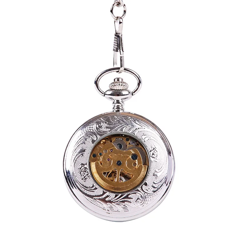 Retro Trend Silver Perspective Glass Roman Open Black Digital Pocket Watch with Chain Men's and Women's Accessories