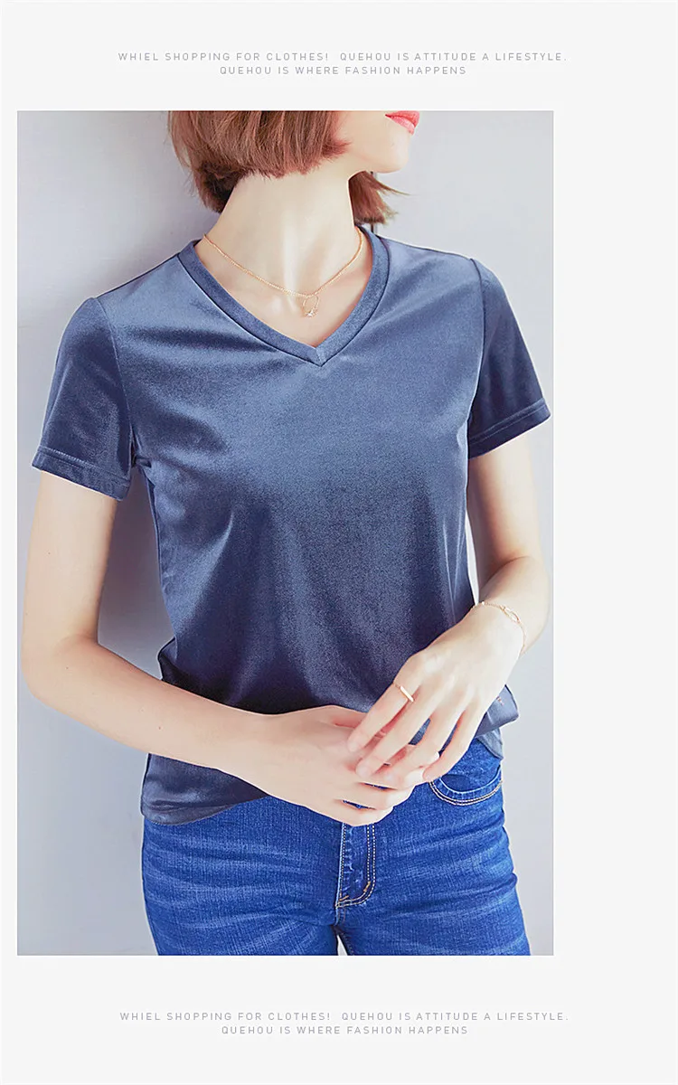 Плюс размер v-образным вырезом бархатная Блузка Топы M-6XL 7XL женские корейские рубашки летние велюровые Рубашки Женские базовые Blusas черный винный синий
