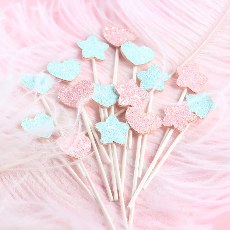 

5Pcs/Set Cute Pink Heart Cook Topper Glitter Pentagram Cupcake Toppers For Christmas Weddings Birthday Party Decoration Supplies