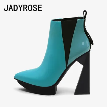 

Women Platform Ankle Boots Blue Real Leather Short Chelsea Botines Slip On White 11cm High Heels Bota Mujer Black Riding Booties