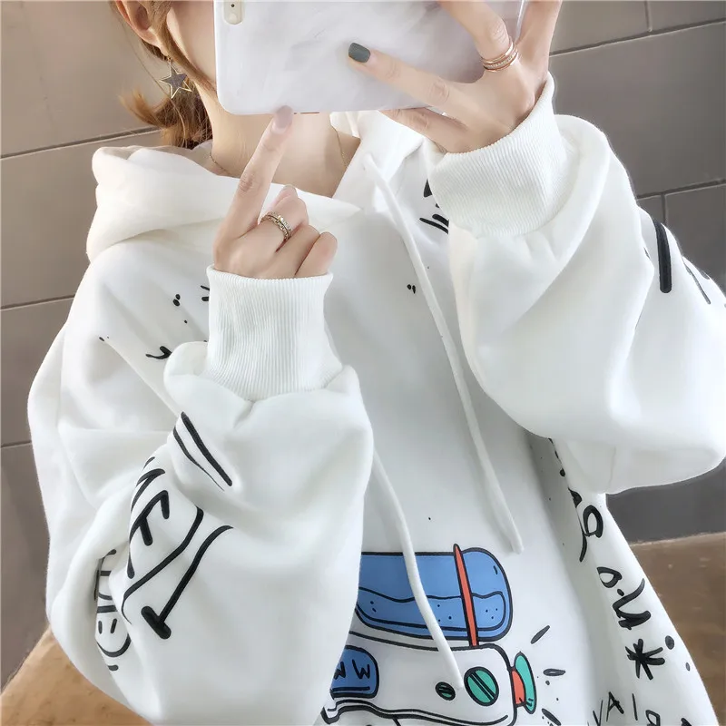 Брендовые женские толстовки осень зима размера плюс 2XL Kawaii топ с принтом Свободный корейский стиль длинный рукав повседневная черная плотная одежда