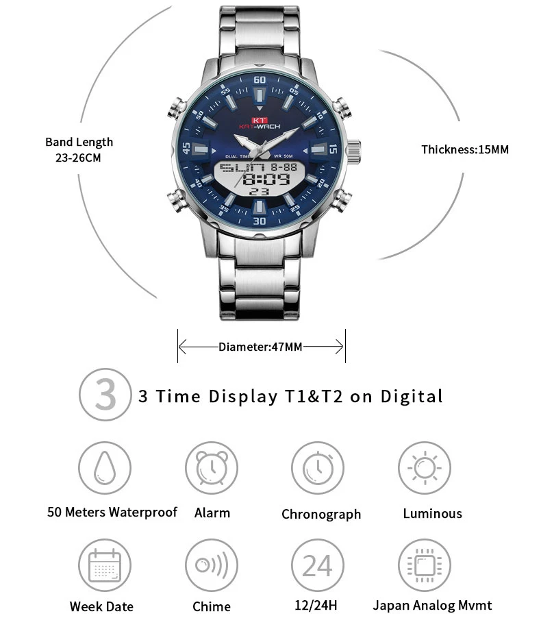 KT New Mens Watches with Stainless Steel Dual Display Waterproof 3D Dial Analog Digital Chronograph Male Sport Style KT1815
