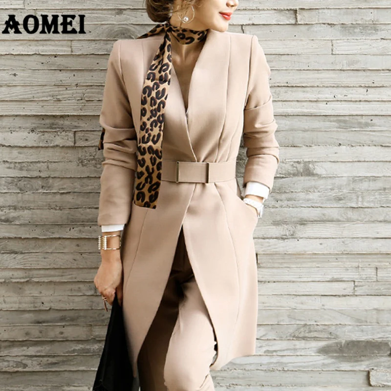 aceptar prototipo nadar Traje de moda para mujer, Blazer elegante, ropa de trabajo, oficina, con  cinturón, cuello de pico, blusas largas con pantalones, otoño e invierno,  nuevo - AliExpress Ropa de mujer