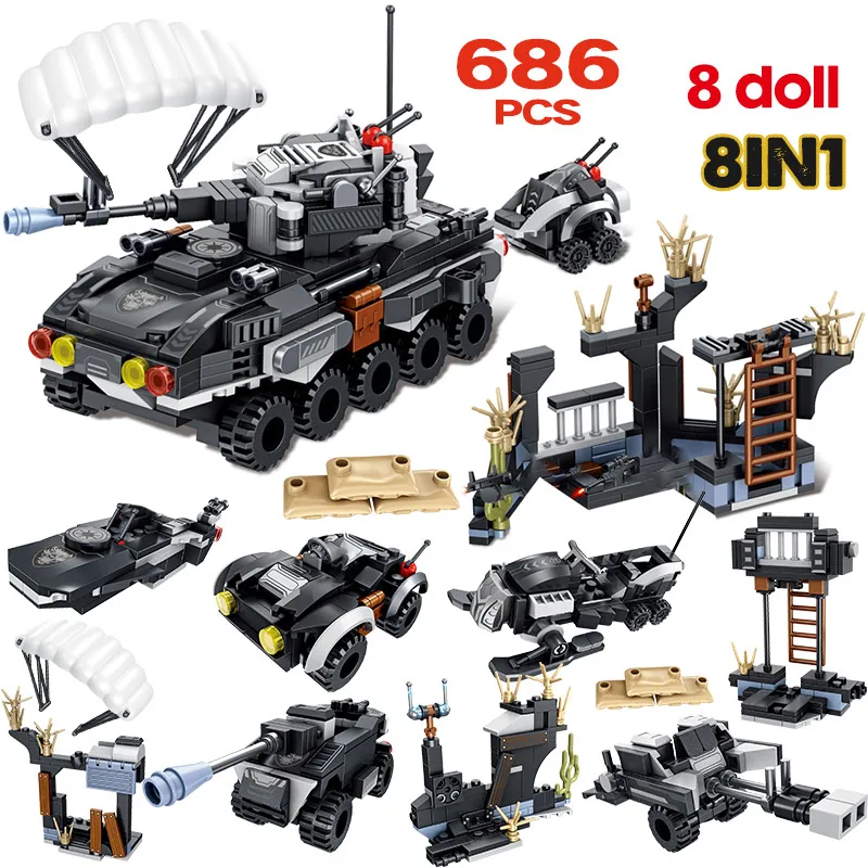 

686pcs City Swat Flying Tiger Building Block Legoingly Police Military Armored Vehicle Car Tank Police Figures Brick Kids Toys