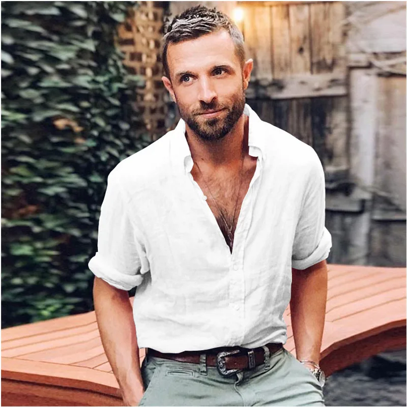 

Hot Sale Men's Causal Button Up Shirt Autumn Breathable Long Sleeve Loose Solid Color Tops Beach Blouse Men Shirt camiseta C436