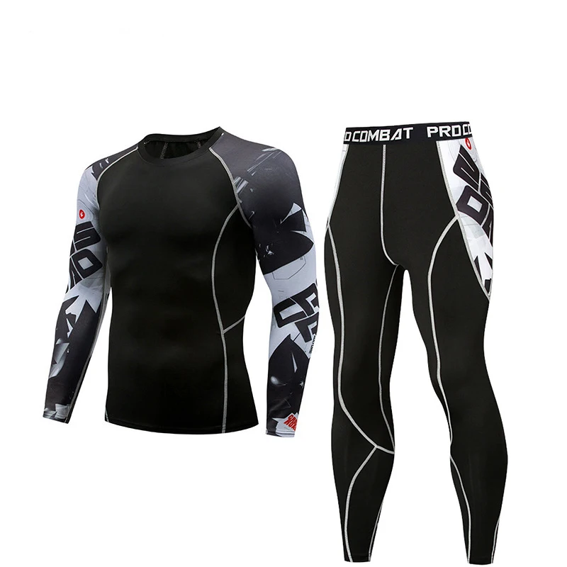 Новый мужской комплект для фитнеса с 3D принтом, сжатая футболка, колготки, спортивная одежда, мужской костюм, Рашгард ММА, Быстросохнущий