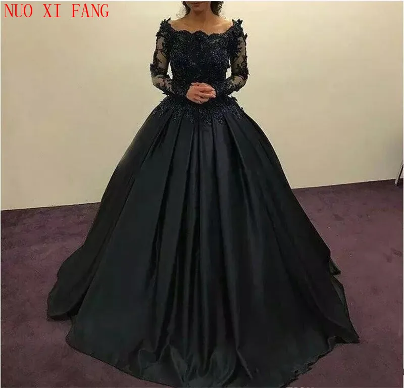 NUOXIFANG Navy Blue Black Ball Gown Off Shoulder Long Sleeves Lace Appliques Evening Gowns Beaded Evening Dress robe de soiree