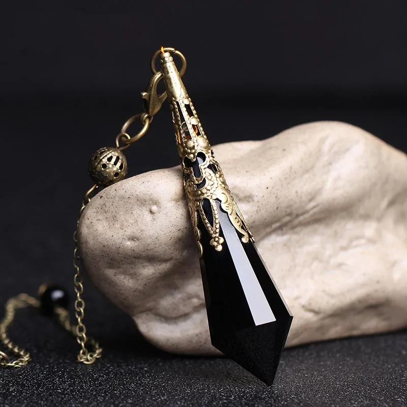 New Natural Black Obsidian Pendulums For Dowsing Reiki Chakra Healing Crystalscharms Necklace filigree Pendant 4
