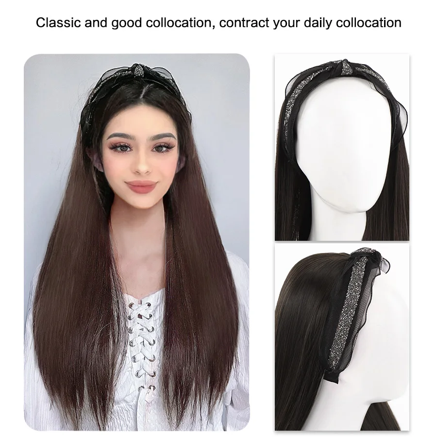 LANLAN Synthetic Long Straight Brown Headband Wig Natural Hair Extensions Straight Hairpiece For Black/White Women.