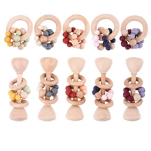 Hochet en bois pour bébé de 0 à 12 mois, jouets éducatifs, Bracelet de perles en Silicone, anneau de dentition en hêtre sans BPA, 2 pièces/ensemble 