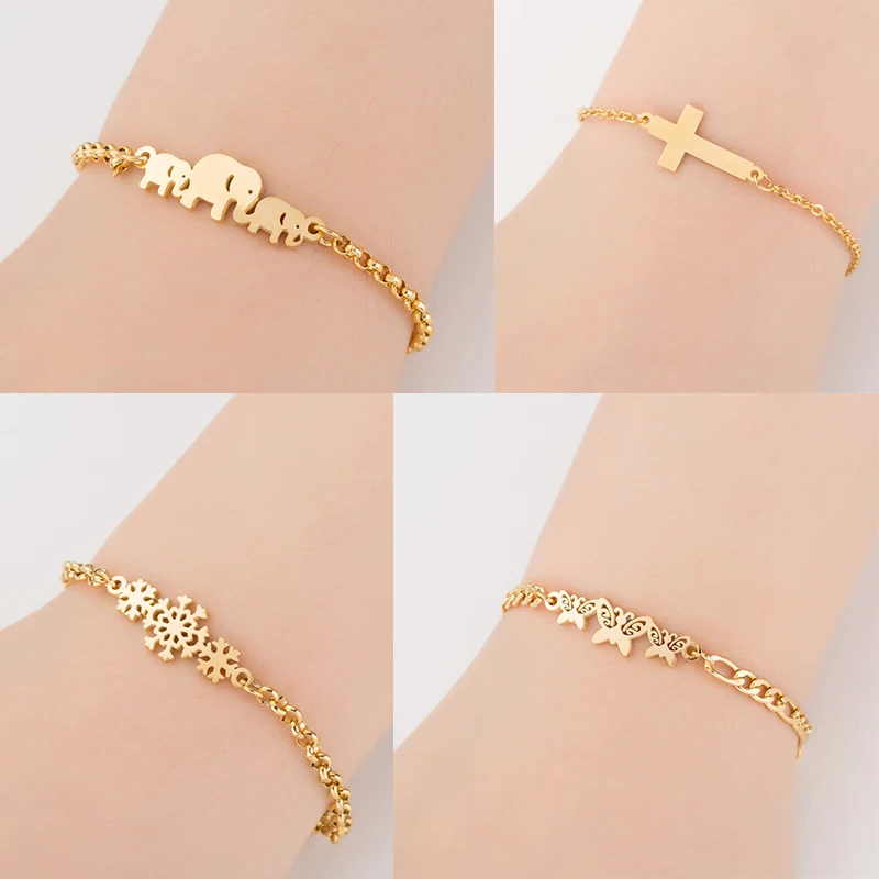 Hfarich браслеты из золотой цепи для женщин Слон Бабочка крест Снежинка Нержавеющая Сталь Браслет femme элегантные ювелирные изделия