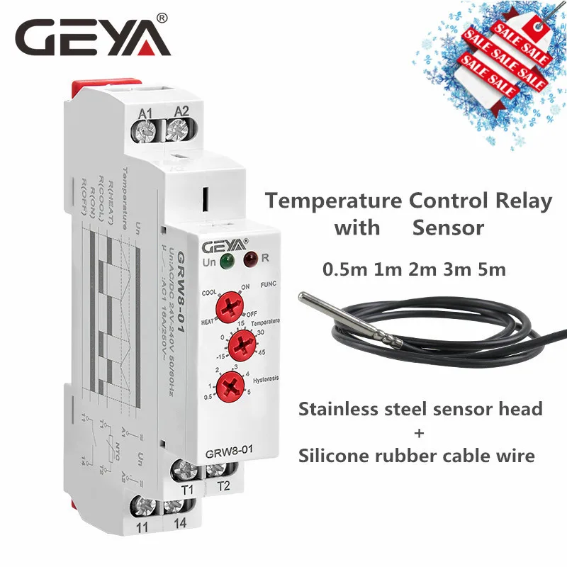 GEYA GRW8-01 din-рейку реле контроля температуры AC DC 24 V-240 V Широкий диапазон напряжения с водонепроницаемым датчиком