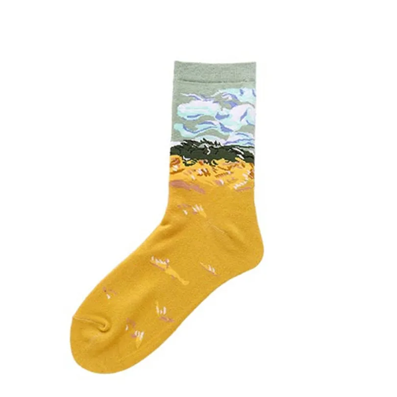 W029 Yellow Tsunami CUHAKCI, хлопковые носки, забавные, масляные, с рисунком, модные, счастливые носки, ночные, зимние, мужские, женские, с красочным принтом, Ван Гог, художественные носки, одна пара - Цвет: W029 Yellow Tsunami