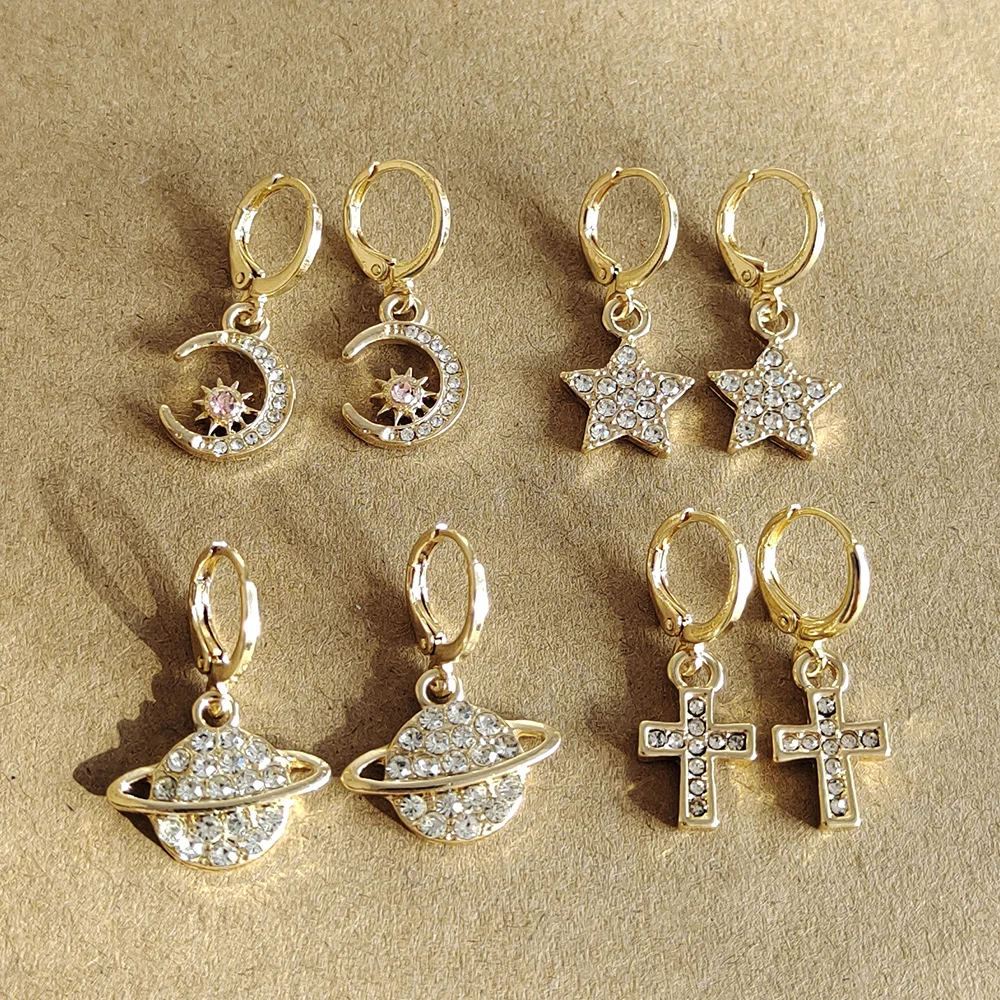 ZX Shiny Crystal Rhinestone Moon Star Cross Earrings for Women Wedding Party Hoop Huggies Earrings Wholesale Jewelry Girl Gifts