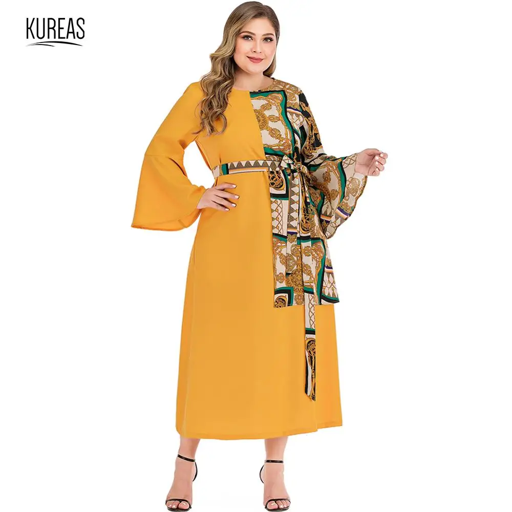 

Kureas Women Chiffon Dress Plus Size Winter Autumn Printed Patchwork Flare Sleeve Maxi Dresses Elegant Long Gown with Waistband