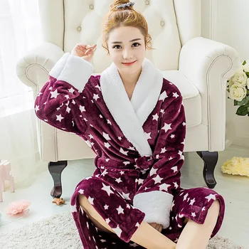 

Coral Fleece Nightwear Female Kimono Bathrobe Gown Homewear Soft Women Winter Sleepwear Purple Flannel Thick Home Clothes