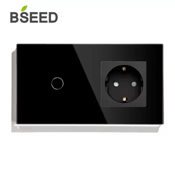 

BSEED Touch Dimmer 1Gang 1 Way 2 Way With EU Standard Wall Switch Socket 3 Colors Crystal Glass Panel Touch Dimmer Switch 157mm