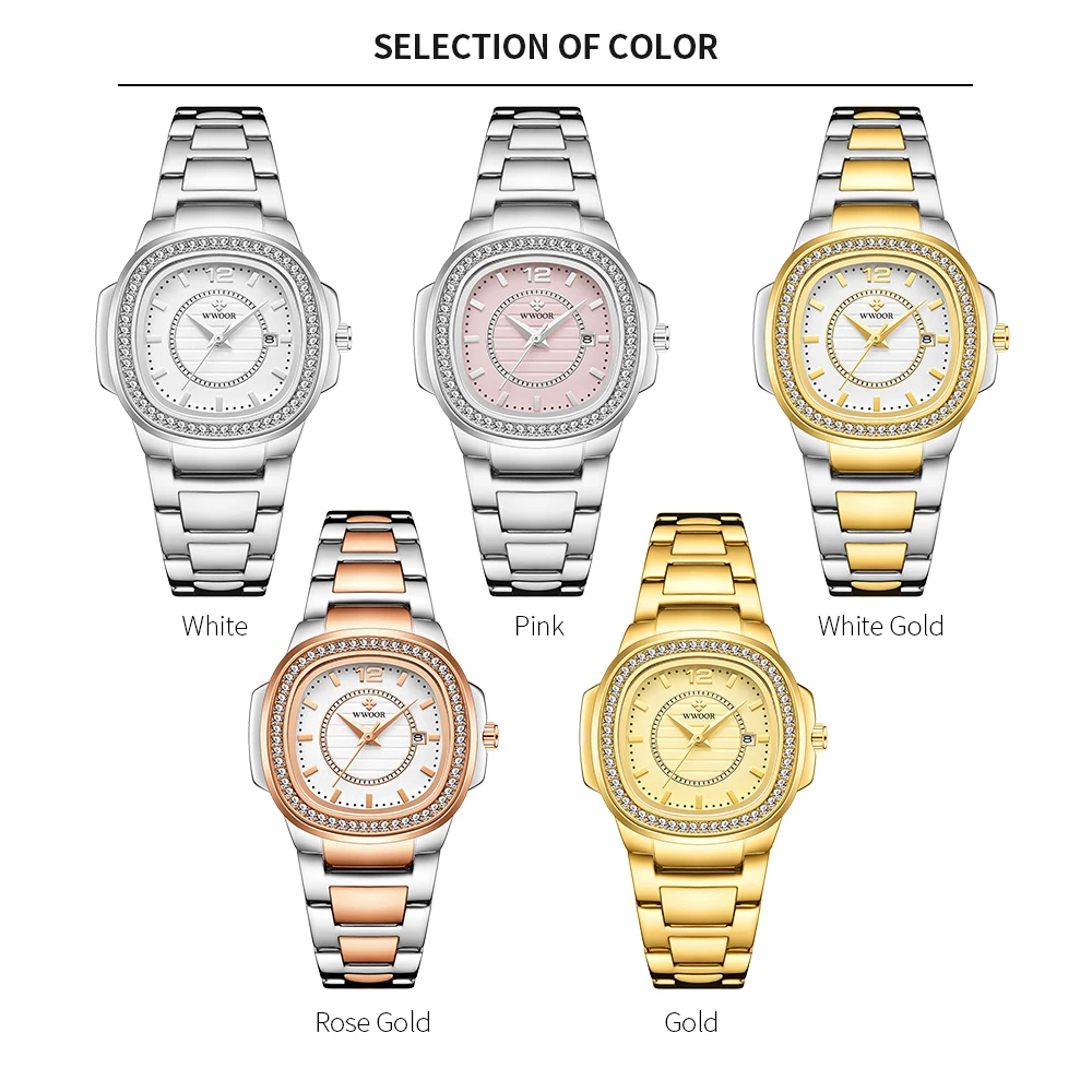 WWOOR Fashion Women Watches Gold Luxury Ladies Dress Bracelet Watches Stainless Steel Waterproof Date Female Quartz Wristwatch