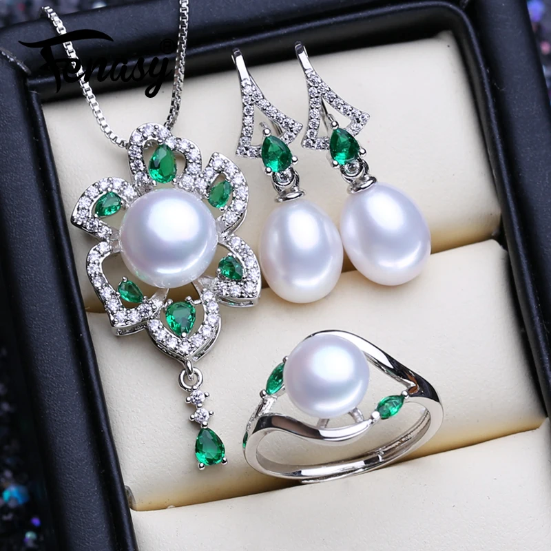 

FENASY 925 Sterling Silver Jewelry Sets Natural Pearl Earrings For Women Bohemian Emerald Big Pendant Necklaces Green Rings