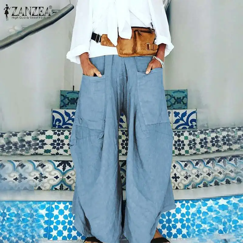 Г. ZANZEA Модные женские летние брюки повседневные широкие брюки однотонные с эластичной резинкой на поясе и на штанах женские передние карманы Pantalon Palazzo