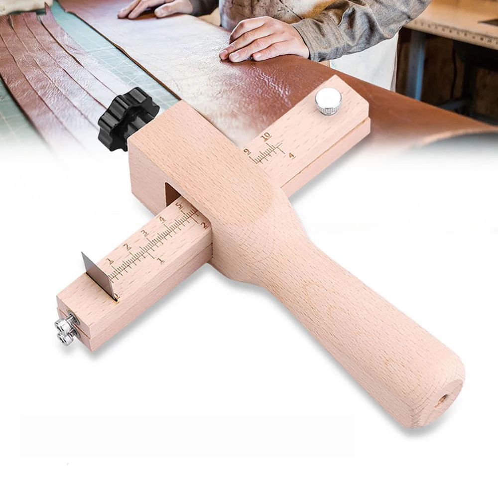 Adjustable Leather Strap Cutter Leathercraft Strip Belt Hand Cutting Wooden Strip Cutter with 5 Blades Leather Tools
