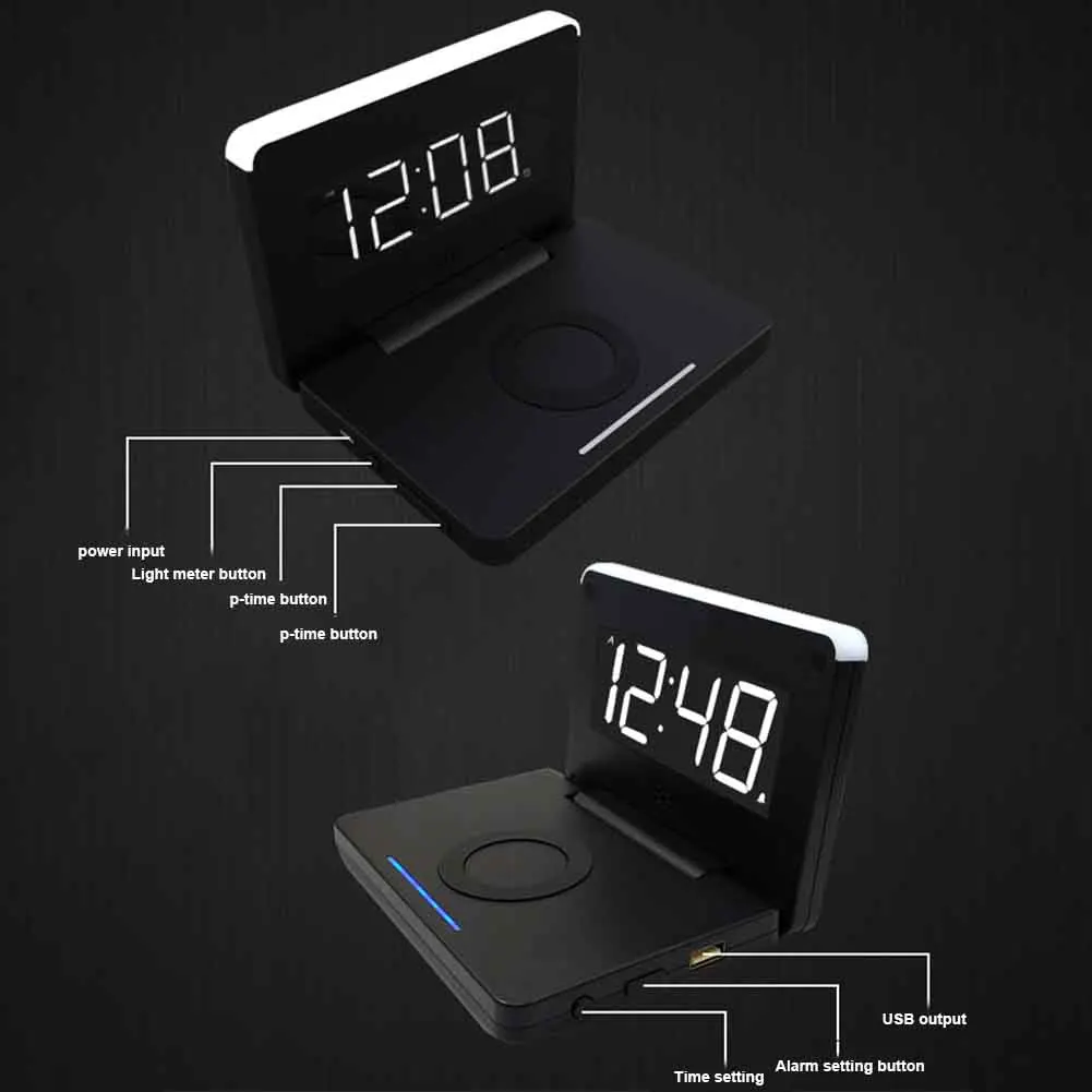 Прямоугольный телефон Беспроводное зарядное устройство цифровой ночной светодиодный настольный складной электрический 10 Вт USB прикроватный будильник для спальни портативный