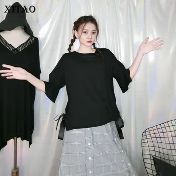 

XITAO Korean Style Personality Bandage T Shirt Loose Solid Color Trumpet Sleeve O Neck Tshirt Fashion Wild Women Tops XJ4474
