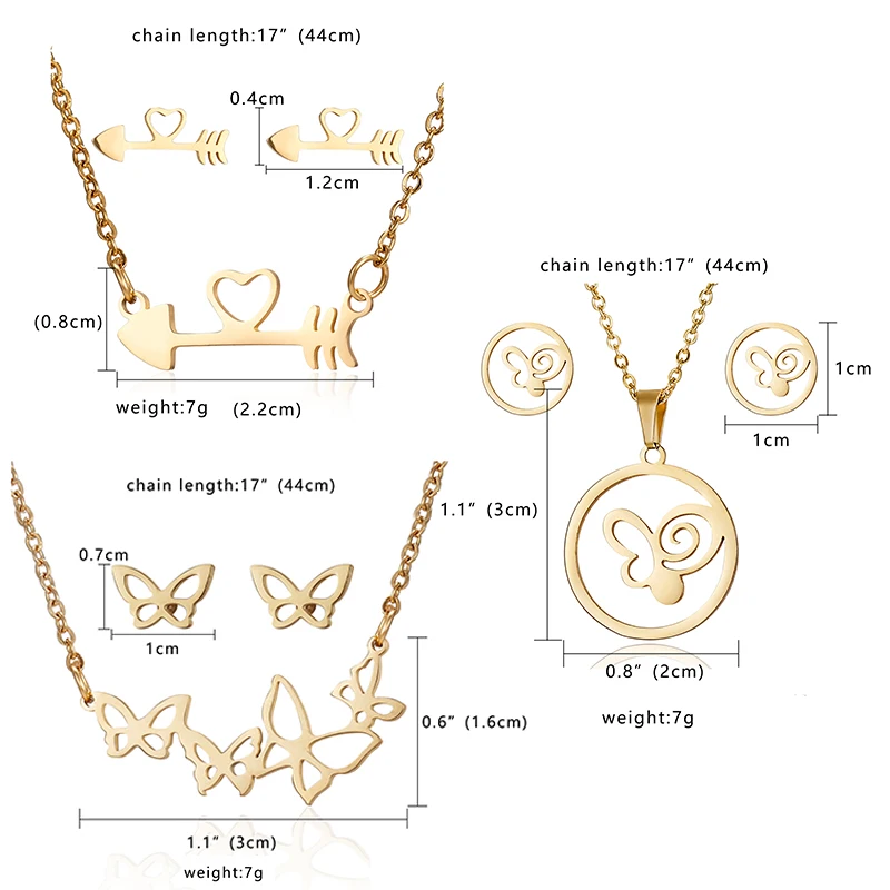 RINHOO Flower Gold Color Stainless Steel Sets For Women Smile Face Butterfly Fish Bone Necklace Earring Set Wedding Jewelry - Image 2