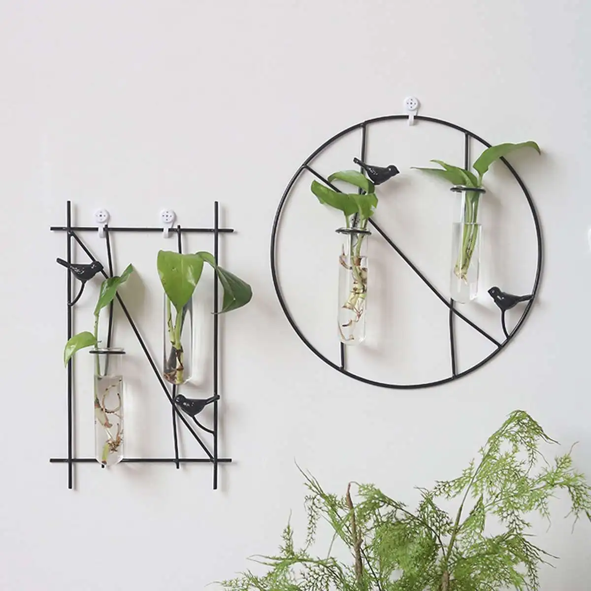 

Wall Hanging Flower Vase Iron Glass Hydroponics Planter Pot Transparent Hanging Flower Bottle Home Ornament Decoration