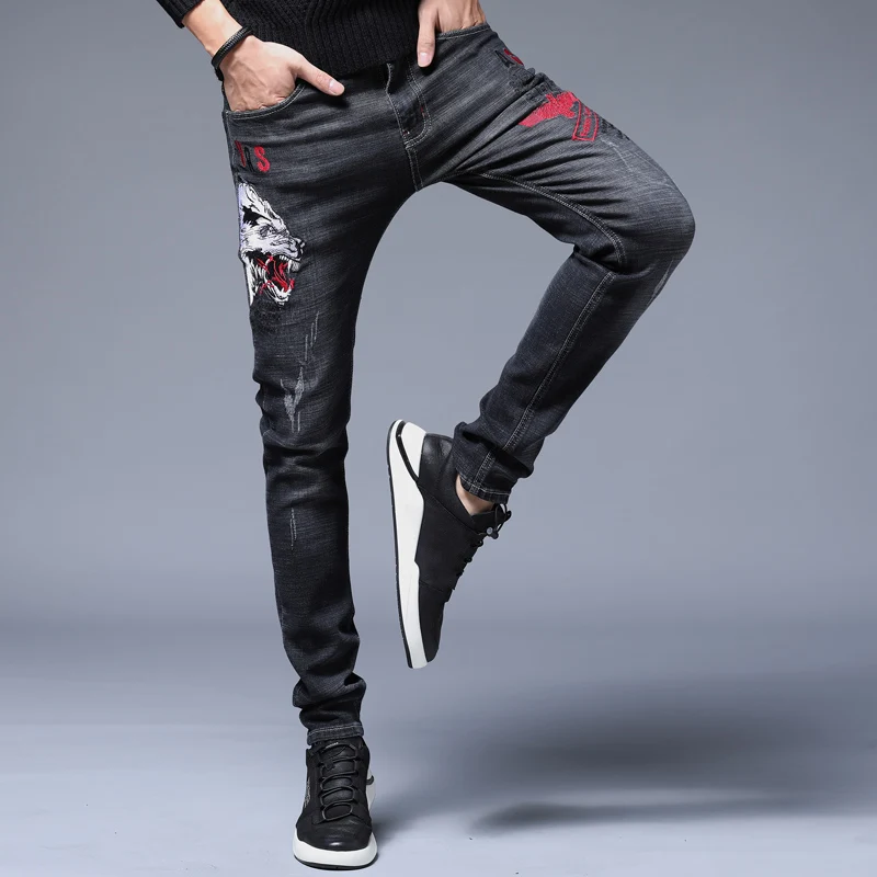 Buy High Quality Jeans Men's Jeans Denim Pants Slim Straight Regular Fit Leisure Long Trousers Jean Men Embroidery Print trousers