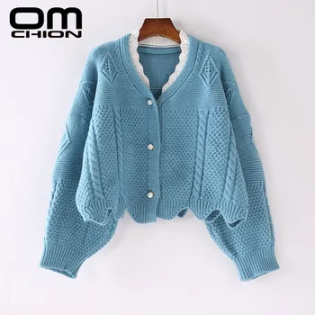 

OMCHION Casaco Feminino 2019 Autumn Lace V Neck Short Cardigan Women Casual Pearl Button Thick Knitted Korean Sweater Coat LP193