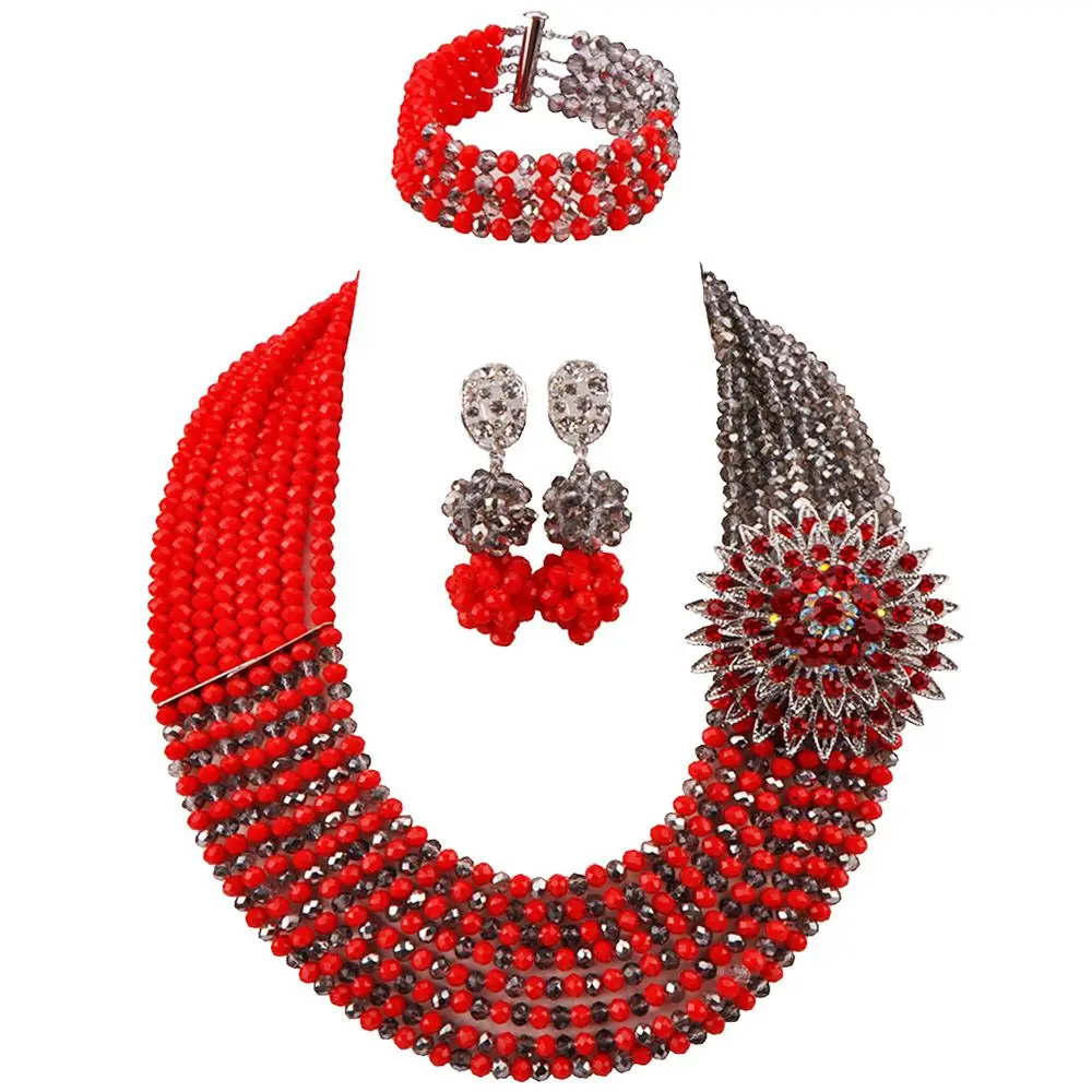 Opaque Red Grey Majalia, классический модный нигерийский Свадебный Африканский комплект ювелирных изделий, Черное и золотое ожерелье с кристаллами ab, Свадебные Ювелирные наборы 8jb-6 - Окраска металла: Opaque Red Grey