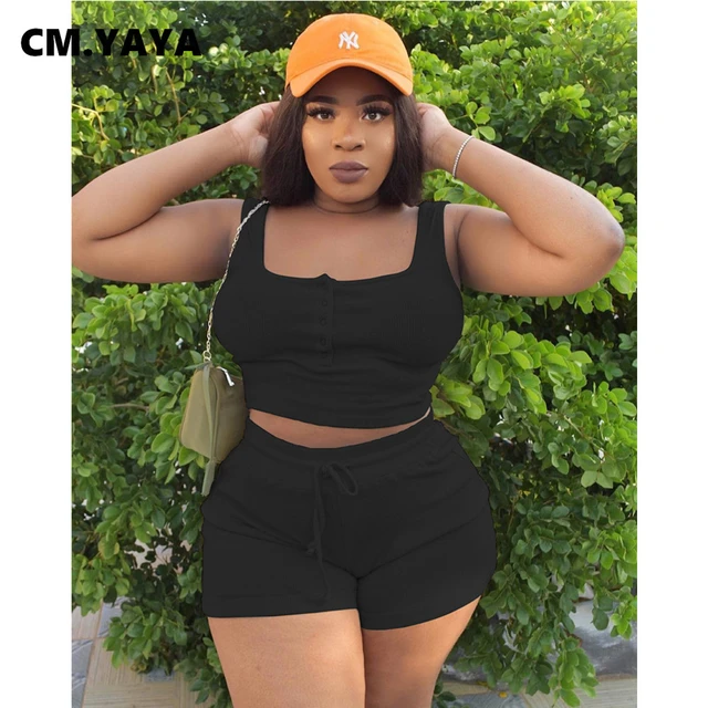 Cm.yaya Women Plus Size Set Sleeveless Square Collar Crop Tops