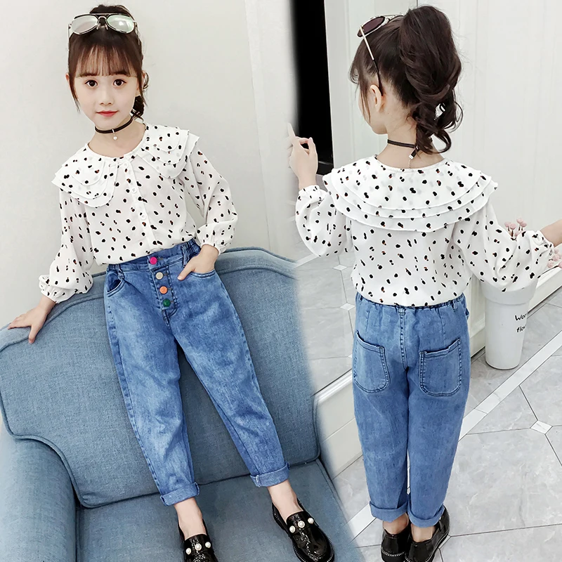 

Autumn New Baby Girls Clothes Cotton Shirts + Loose Jeans 2 Pieces Kids Sets Casual Girls Outfits Cute Child Clothing Vestidos