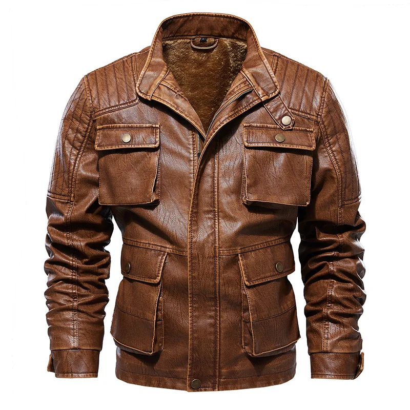 

Winter Thick Warm Leather Jackets Men's Outwear Coats Military Multi-Pocket Faux Leather Jacket jaqueta couro Plus Size 5XL