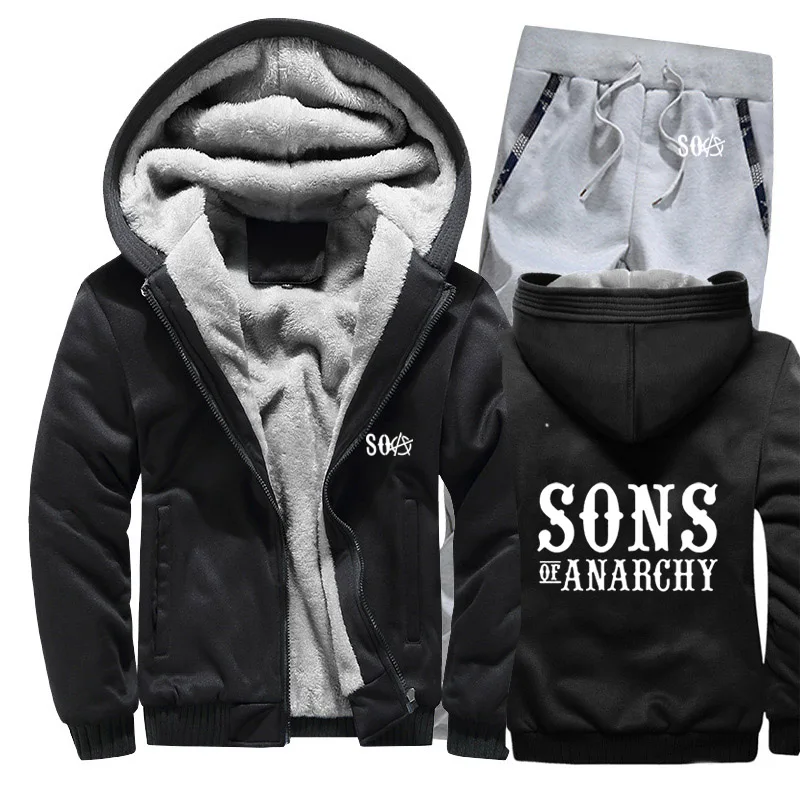 SOA Sons of толстовки анархия мужской костюм Зимние флисовые утепленные пальто на молнии свитшоты, мужские худи куртка+ брюки комплекты из 2 предметов - Цвет: 811