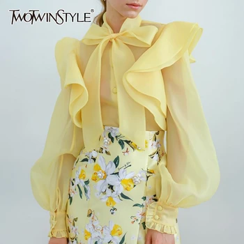 

Twotwinstyle Bowknot Shirt For Women Stand Collar Lantern Long Sleeve Ruffle Shirts Blouse Female 2020 Summer Fashion New
